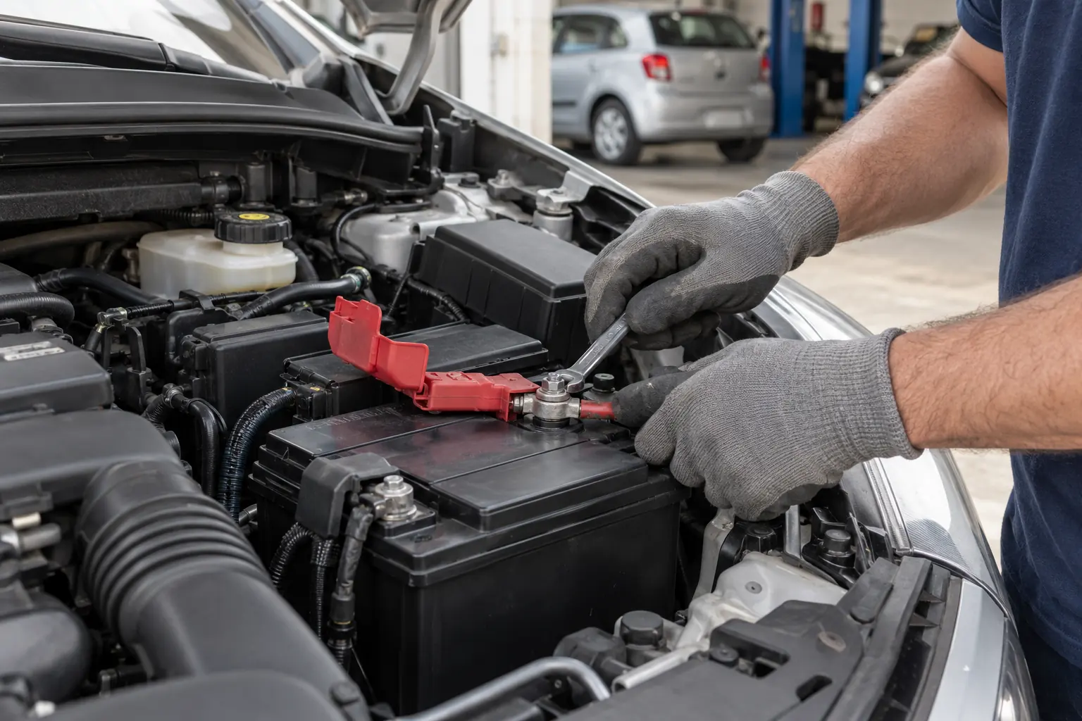 Mãos com luvas apertando o terminal de uma bateria nova recém-instalada no motor de um carro