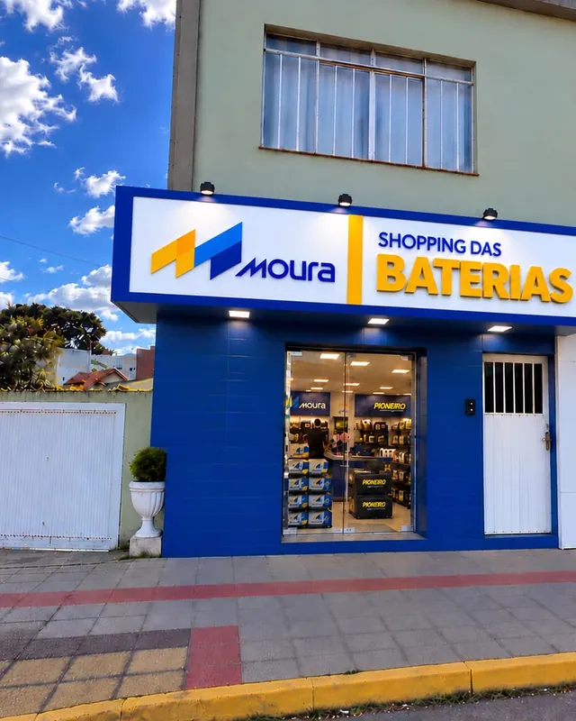 Fachada azul da loja com as placas Moura e Shopping das Baterias