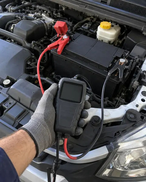 Testador digital ligado aos polos da bateria no motor de um carro